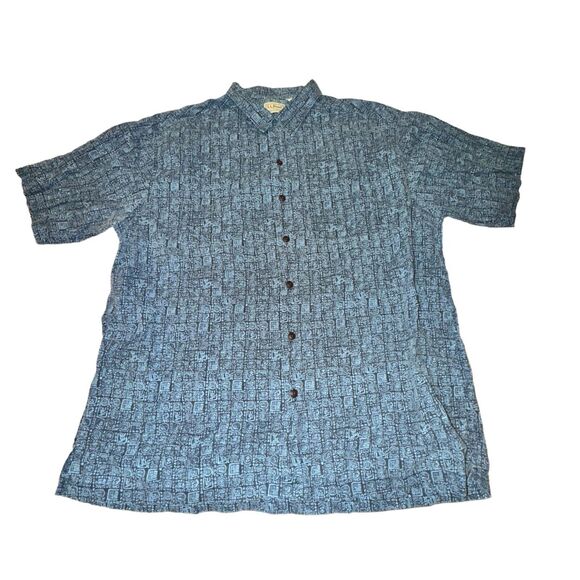 LL Bean Hawaiian Shirt Men's L-Reg Blue Abstract Print S/S Button Front Collared - Picture 1 of 7